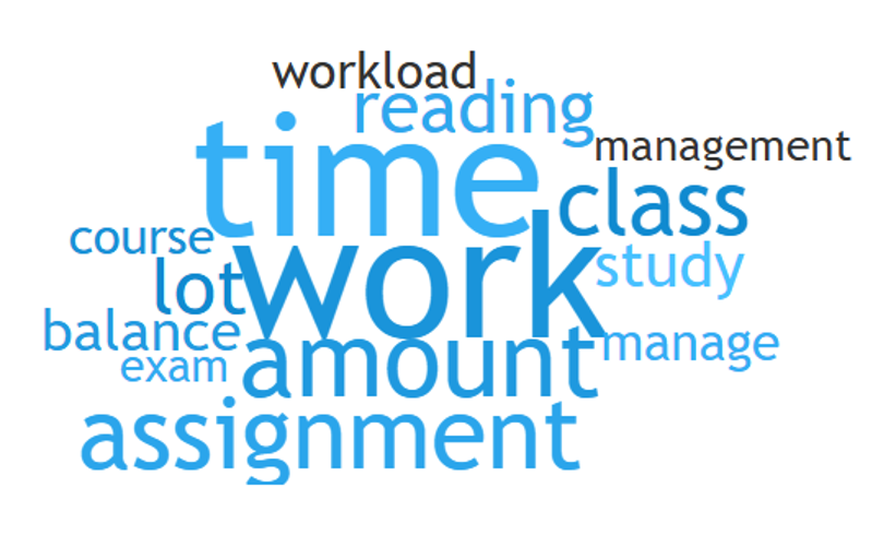 A word cloud representing the top answers to the question: “What do you find most challenging about your coursework at Laurier?” Top 10 most frequent responses are: 1. Work (513 responses) 2. Time (382 responses) 3. Amount (201 responses) 4. Assignment (190 responses) 5. Class (174 responses) 6. Reading (137 responses) 7. Study (116 responses) 8. Manage (114 responses) 9. Workload (95 responses) 10. Management (85 responses)